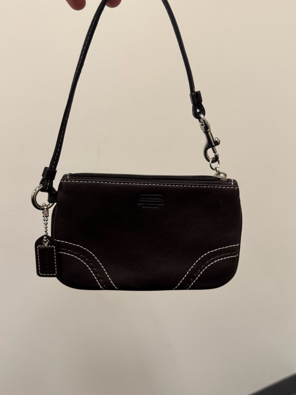 Coach Brown Leather Wristlet with White Contrast Stitching